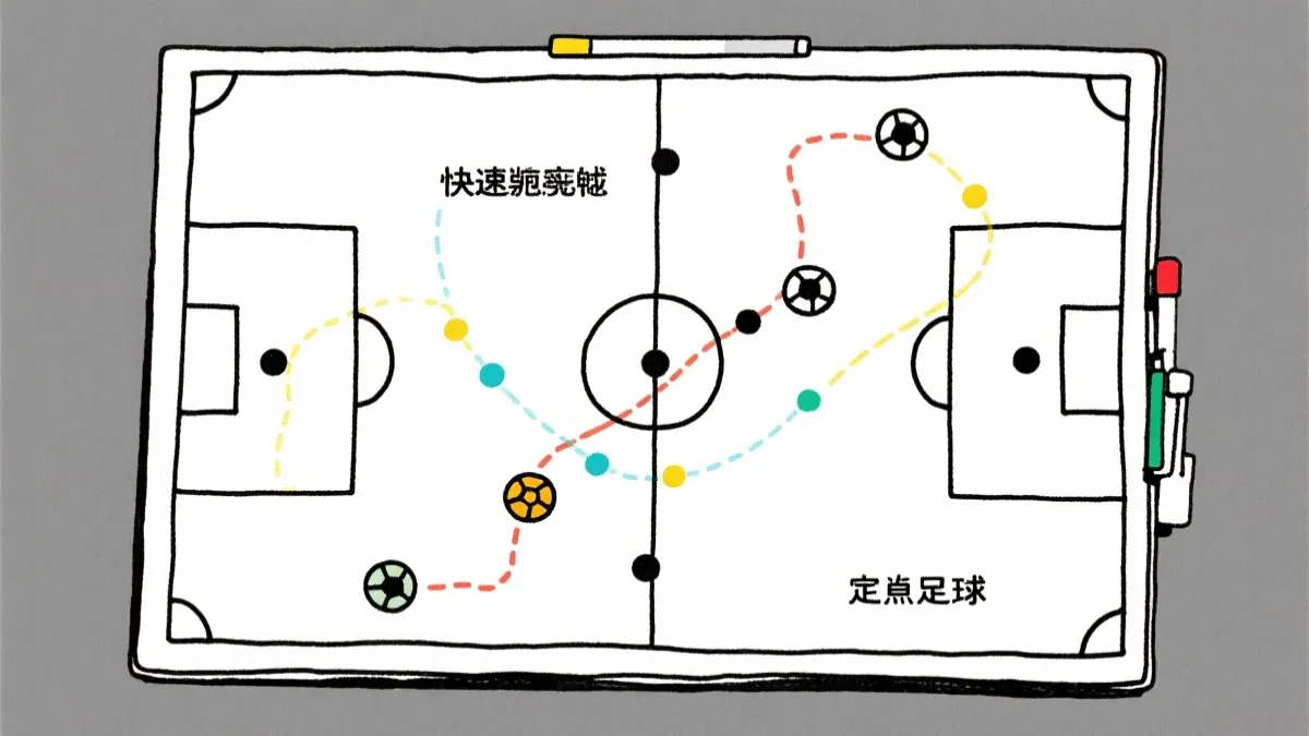 世界杯战术板风格插画，展示反击与定位球两条进攻通道